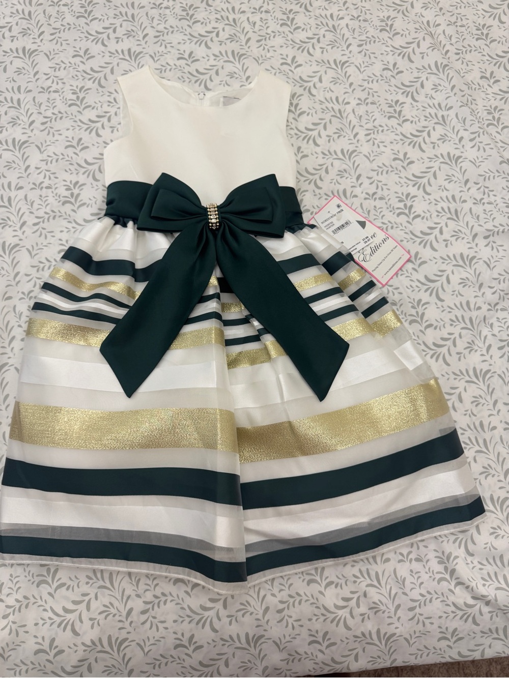 Rare Editions White Dress with Gold and Dark Green Stripes & Bow